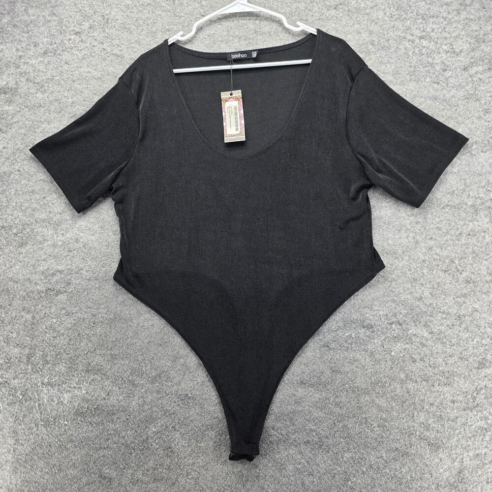 Boohoo Bodysuit Womens 18 Black Plunge V Neck Short Sleeve Shiny Thong Plus Size